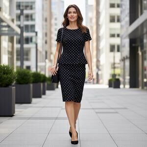 VTG 80’s Black & White Polka Dot Peplum Pencil Dress Sz 6 One Piece Retro Career